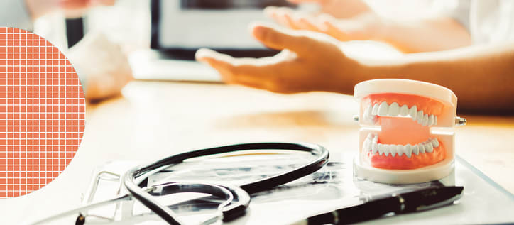 Teeth and pen on dentist desk