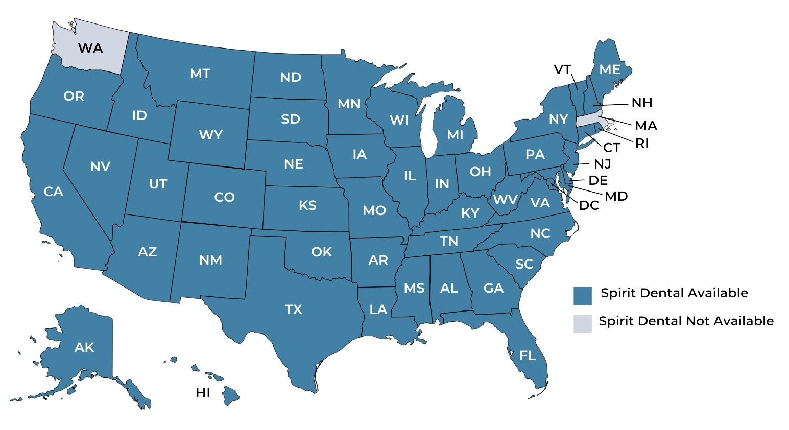 Map of the United States where Spirit is available